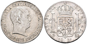Fernando VII (1808-1833). 20 reales. 1822. Sevilla. RD. (Cal-645). Ag. 26,87 g. Tipo cabezón. Golpecito en el canto. Escasa. MBC+/MBC. Est...230,00.