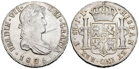 Fernando VII (1808-1833). 8 reales. 1825. Potosí. JL. (Cal-618). Ag. 26,98 g. Rayas en anverso, aún así precioso ejemplar. EBC+. Est...160,00.