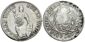 Fernando VII (1808-1833). 8 reales. 1833. Lima. MM. (Cal-536). Ag. 26,26 g. Resello F7º coronado para su circulación en Filipinas. MBC+. Est...150,00....