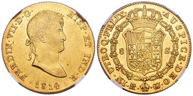 Fernando VII (1808-1833). 8 escudos. 1814. Madrid. GJ. (Cal-28). (Cal onza-1233). Au. Encapsulada por NGC como MS 61. Precioso ejemplar. Muy rara, aun...