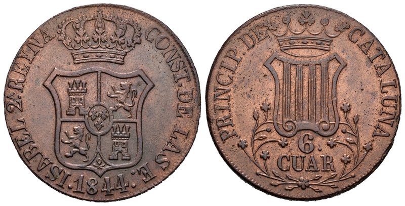 Isabel II (1833-1868). 6 cuartos. 1844. Barcelona. (Cal-693). Ae. 14,21 g. Flore...