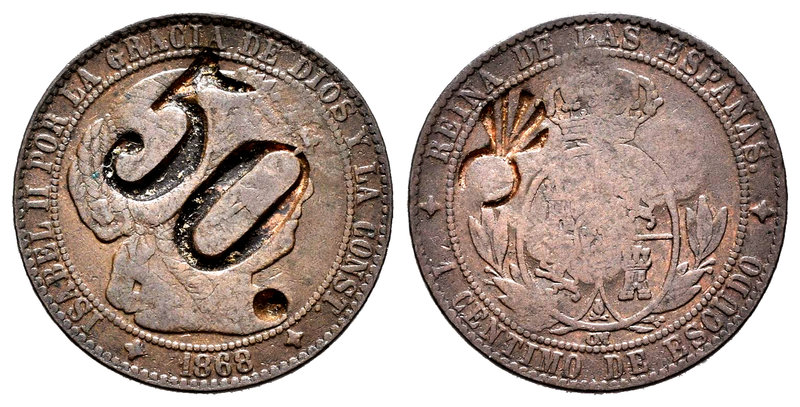 Isabel II (1833-1868). 1 céntimo de escudo. 1868. Jubia. OM. (Cal-659). Ae. 2,50...