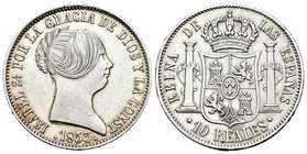 Isabel II (1833-1868). 10 reales. 1853. Madrid. (Cal-223). Ag. 13,02 g. Mínimos golpecitos en canto pero buen ejemplar. EBC+/EBC. Est...200,00.
