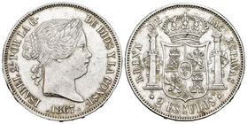 Isabel II (1833-1868). 2 escudos. 1867. Madrid. (Cal-204). Ag. 26,05 g. Leves golpecitos en el canto. EBC+. Est...150,00.