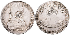 Isabel II (1833-1868). 8 soles. 1835. Potosí. LM. (Cal-451). Ag. 26,62 g. Resello YII sobre corona para circulas por Filipinas. MBC+. Est...180,00.