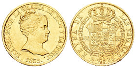 Isabel II (1833-1868). 80 reales. 1839. Barcelona. PS. (Cal-55). Au. 6,69 g. Leves golpecitos en el canto. EBC. Est...320,00.
