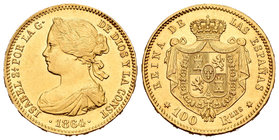 Isabel II (1833-1868). 100 reales. 1864. Madrid. (Cal-29). Au. 8,32 g. Brillo original. EBC+/SC-. Est...350,00.