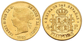 Isabel II (1833-1868). 4 pesos. 1863. Manila. (Cal-127). Au. 6,72 g. Brillo original. MBC+/EBC-. Est...300,00.