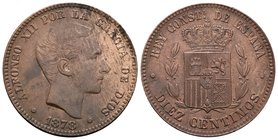 Alfonso XII (1874-1885). 10 céntimos. 1878. Barcelona. OM. (Cal-68). Ae. 10,05 g. Golpecito en el canto. EBC. Est...110,00.