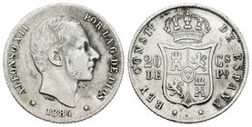 Alfonso XII (1874-1885). 20 centavos. 1884. Manila. (Cal-91). Ag. 4,96 g. Escasa. MBC-/MBC. Est...90,00.