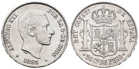 Alfonso XII (1874-1885). 50 centavos. 1885. Manila. (Cal-86). Ag. 12,93 g. Rayas en anverso. MBC+. Est...30,00.