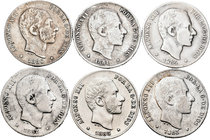 Alfonso XII (1874-1885). Serie completa de los 20 centavos de Manila, 1880, 1881, 1882, 1883, 1884 y 1885. Muy escasa. A EXAMINAR. BC/MBC+. Est...700,...