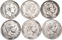 Alfonso XII (1874-1885). Serie completa de los 50 centavos de Manila, 1880, 1881 (rayas), 1882 (rayas), 1883, 1884 y 1885. Muy escasa. A EXAMINAR. BC-...