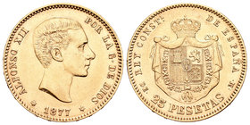 Alfonso XII (1874-1885). 25 pesetas. 1877*18-77. Madrid. DEM. (Cal-3). Au. 7,99 g. EBC-. Est...230,00.
