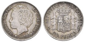 Alfonso XIII (1886-1931). 1 peseta. 1893*18-93. Madrid. PGL. (Cal-39). Ag. 4,95 g. Escasa. MBC+. Est...125,00.