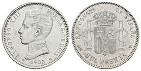 Alfonso XIII (1886-1931). 1 peseta. 1903*19-03. Madrid. SMV. (Cal-49). Ag. 5,01 g. EBC+. Est...65,00.