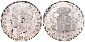 Alfonso XIII (1886-1931). 5 pesetas. 1898*18-98. Madrid. SGV. (Cal-27). Ag. 24,79 g. Pequeñas oxidaciones en anverso. EBC. Est...50,00.