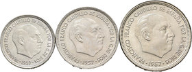 Estado Español (1936-1975). Serie completa de tres valores, 50, 25 y 5 pesetas. 1957. Barcelona. BA. (Cal-139). I Exposición Iberoamericana de Numismá...