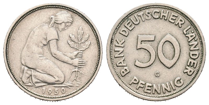 Alemania. 50 pfennig. 1950. Bank Deutscher Länder. G. (Jaeger-379). Cu-Ni. 3,48 ...