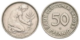 Alemania. 50 pfennig. 1950. Bank Deutscher Länder. G. (Jaeger-379). Cu-Ni. 3,48 g. Escasa. MBC+. Est...180,00.