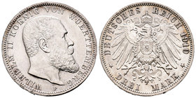 Alemania. Wurttemberg. Wilhelm II. 3 marcos. 1910. Freudenstadt. F. (Km-221). Ag. 16,61 g. EBC+/SC-. Est...60,00.