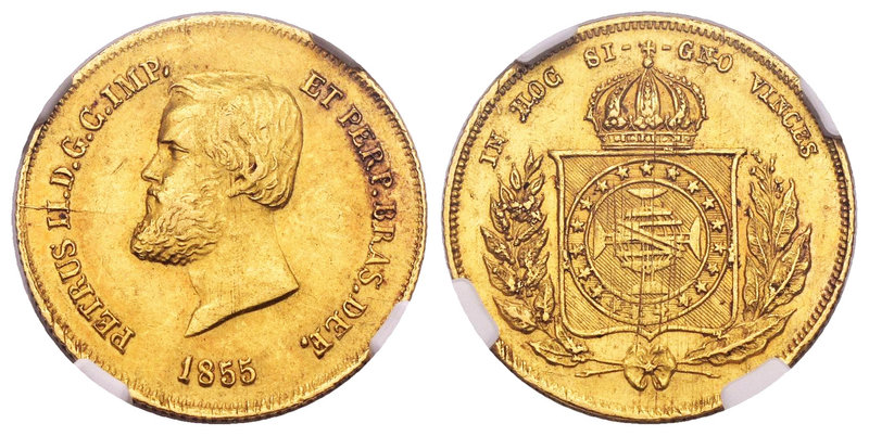 Brasil. Pedro II. 5000 reis. 1855. (Km-470). Au.  Encapsulada por NGC como AU58....