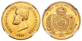 Brasil. Pedro II. 5000 reis. 1855. Río de Janeiro. (Km-470). Au. Encapsulada por NGC como MS63. Est...700,00.
