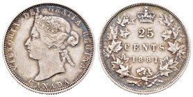 Canadá. Victoria. 25 cents. 1881. (Km-5). Ag. 5,74 g. Escasa. MBC/MBC+. Est...110,00.