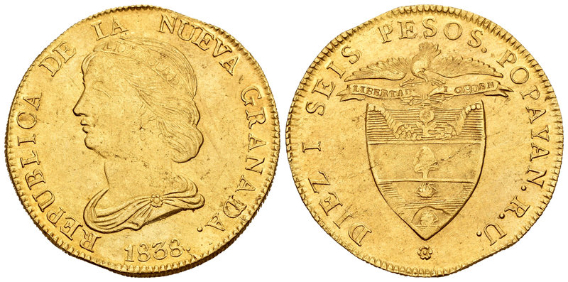 Colombia. 16 pesos. 1838. Popayán. (Km-94.2). Au. 26,97 g. Defectos en el canto,...