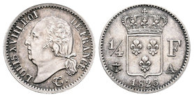 Francia. Luis XVIII. 1/4 franco. 1823. París. A. (Km-714.1). (Gad-352). Ag. 1,24 g. Escasa. EBC+. Est...200,00.