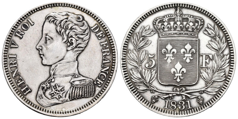 Francia. Henri V, Pretendiente. 5 francos. 1931. (Gad-651). Ag. 24,61 g. Anverso...