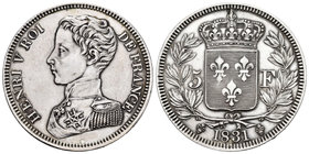 Francia. Henri V, Pretendiente. 5 francos. 1931. (Gad-651). Ag. 24,61 g. Anverso ligeramente limpiado. Marca a las 12 h en anverso y entre la fecha en...