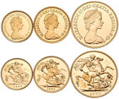 Gran Bretaña. 1983. (Km-PS44). Elegante Royal Mint Box de 1983 que contiene tres piezas de oro, 2 pound, 1 sovereign, 1/2 sovereign. Raras. A EXAMINAR...