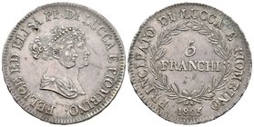 Italia. Ducado de Lucca. Felice y Elisa. 5 franchi. 1805. (Km-24.1). (Pagani-251). (Mont-432). Ag. 24,79 g. Fallito en anverso y pequeñas marcas. EBC-...