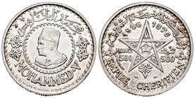 Marruecos. Mohamad V. 500 francos. 1376 H (1956). (Km-Y54). Ag. 22,51 g. Parte de brillo original. EBC/EBC+. Est...40,00.