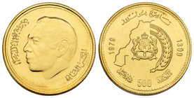 Marruecos. Al Hassan II. 500 dirhams. 1399 H (1979). (Km-71). (Fr-7). Au. 12,90 g. Escasa. PROOF. Est...600,00.
