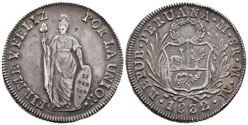 Perú. 8 reales. 1832. Lima. MM. (Km-142.3). Ag. 25,69 g. Pátina. EBC-. Est...140...