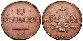 Rusia. Nicolás I. 10 kopecks. 1833. Ekaterinburg. EM. (Km-N5 11). (Bitkin-463). Ae. 46,14 g. Golpes. MBC-. Est...50,00.