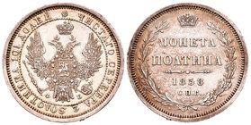 Rusia. Nicolás I. 1 rublo. 1858. San Petesburgo. (Km-C167.1). (Bitkin-48). Ag. 10,33 g. EBC. Est...180,00.
