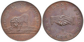 Sierra Leona. 1 penny. 1791. (Km-2.1). Au. 19,38 g. Escasa. SC-. Est...200,00.