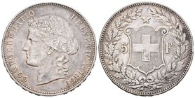 Suiza. 5 francos. 1889. Berna. B. (Km-34). Ag. 24,96 g. Pátina. MBC+/EBC-. Est...120,00.