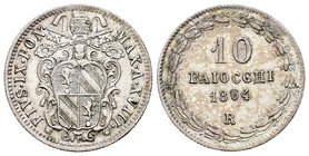 Vaticano. Pío IX. 10 baiocchi. 1864 (Ann XVIII). Roma. R. (Km-1342b). (Pagani-449a). Ag. 2,87 g. MBC+. Est...60,00.