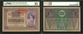 AUSTRIA. Austrian-Hungarian Bank. 1000 & 10,000 Kronen, 1902-18. P-8a, 59, 60 & 65. PMG Extremely Fine 40 to Choice Uncirculated 63.
5 pieces in lot....