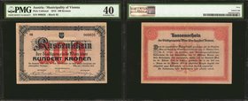 AUSTRIA. Municipality of Vienna. 100 Dronen, 1918. P-UNL. Extremely Fine 40.
Good centering, with a bright red "100" obligation at center. A low seri...