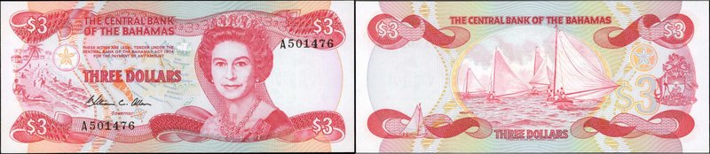 BAHAMAS. Central Bank of the Bahamas. 3 Dollars, 1974 (1984). P-44a. Choice Abou...