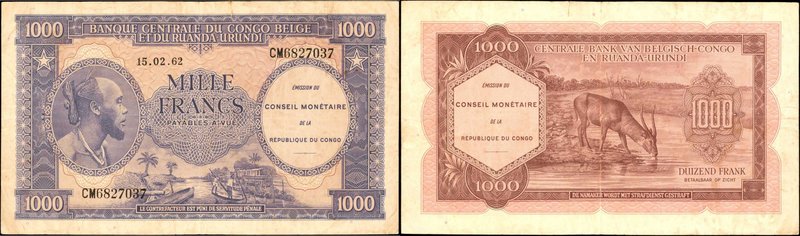 BELGIAN CONGO. Banque Centrale du Congo Belge et du Ruand-Urundi. 1000 Francs, 1...