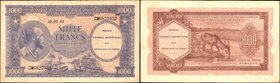 BELGIAN CONGO. Banque Centrale du Congo Belge et du Ruand-Urundi. 1000 Francs, 1962. P-2a. Very Fine.
A rare high denomination. Pleasing detail and e...