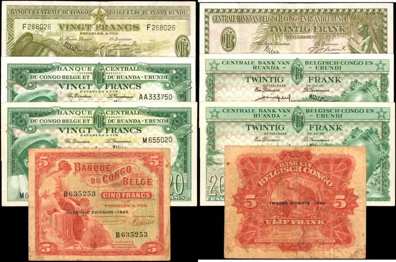BELGIAN CONGO. Mixed Banks. 5 & 20 Francs, 1940-59. P-13, 26 & 31. Fine to Very ...