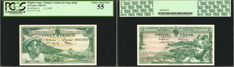 BELGIAN CONGO. Banque Centrale du Congo Belge. 20 Francs, 1956-59. P-31. PCGS Cu...