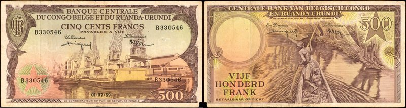 BELGIAN CONGO. Centrale Bank van Belgisch Congo en Ruanda-Urundi. 500 Francs, 19...
